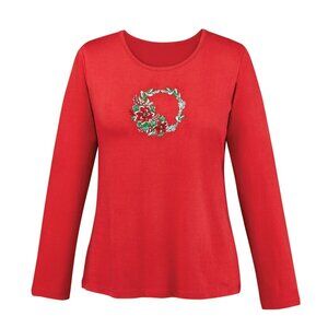 New 2XL Red Embroidered Holiday Christmas Poinsettia Wreath Long Sleeves Top